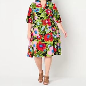 Vibrant Floral Midi Dress - Red, Green, Blue